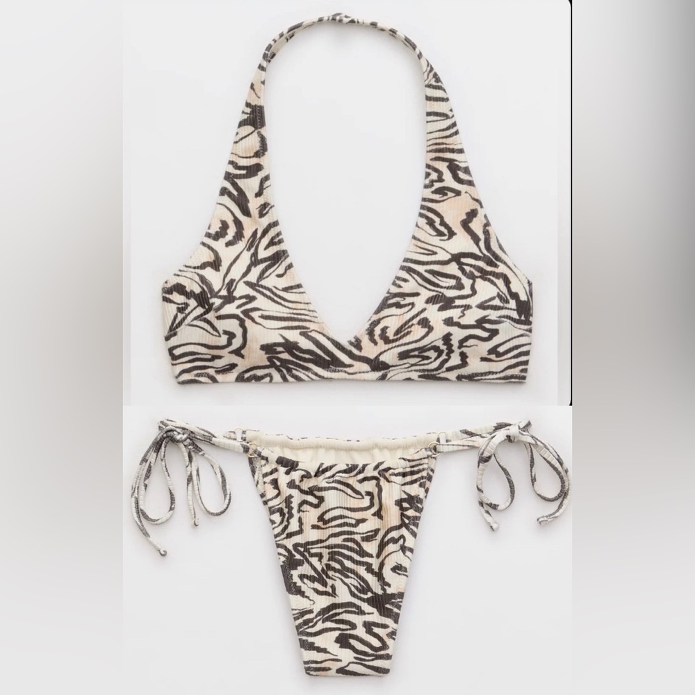 NWT Aerie FULL SET Shine Rib Halter Top + Cheekiest Strappy Bottom Natural - XS